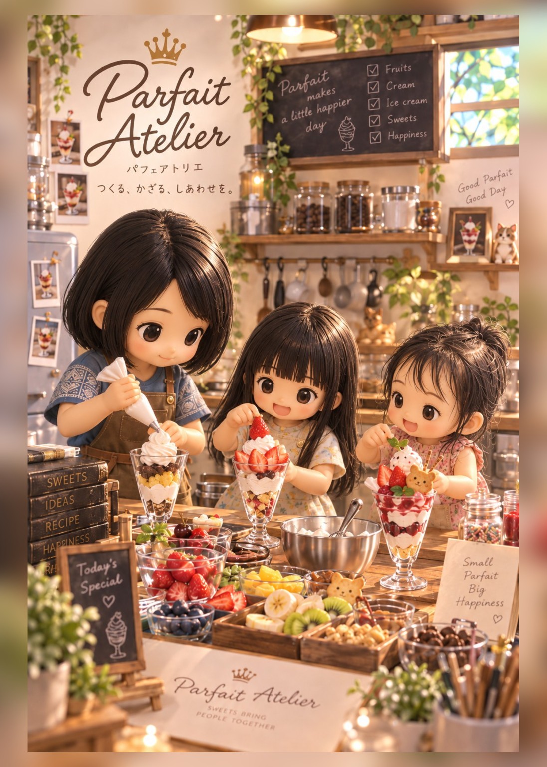 Parfait Atelierのイラスト。あたたかなカフェで、親子3人がフルーツやクリームを飾りながらパフェを作っている